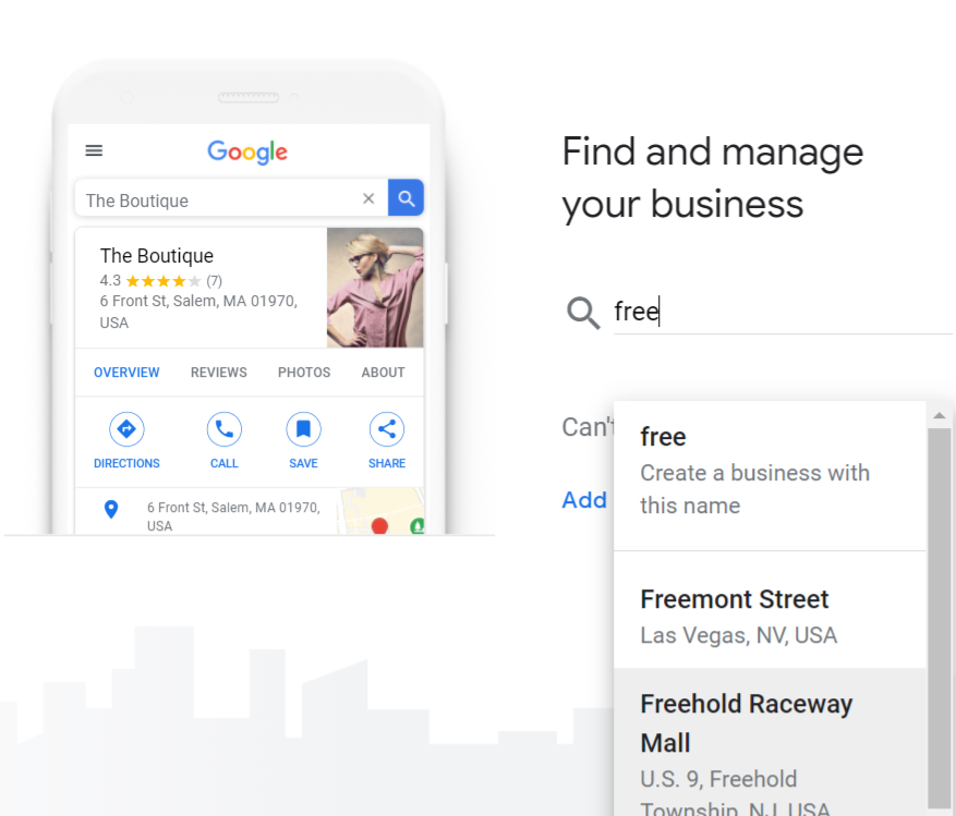 Google Business Profile product image showing a search for “The Boutique” and search results 