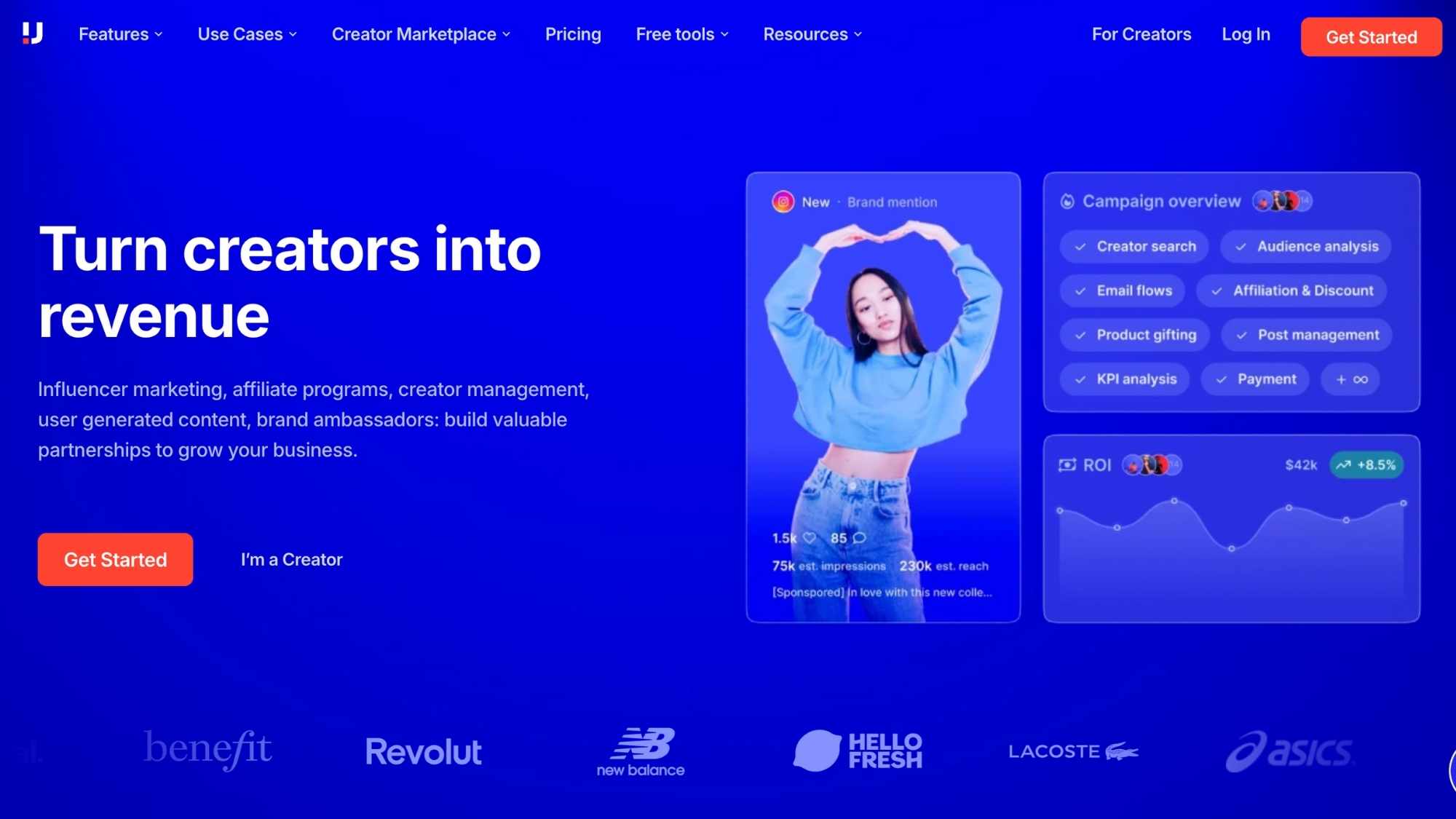 Upfluence homepage promoting creator revenue tools with a creator post preview and campaign analytics