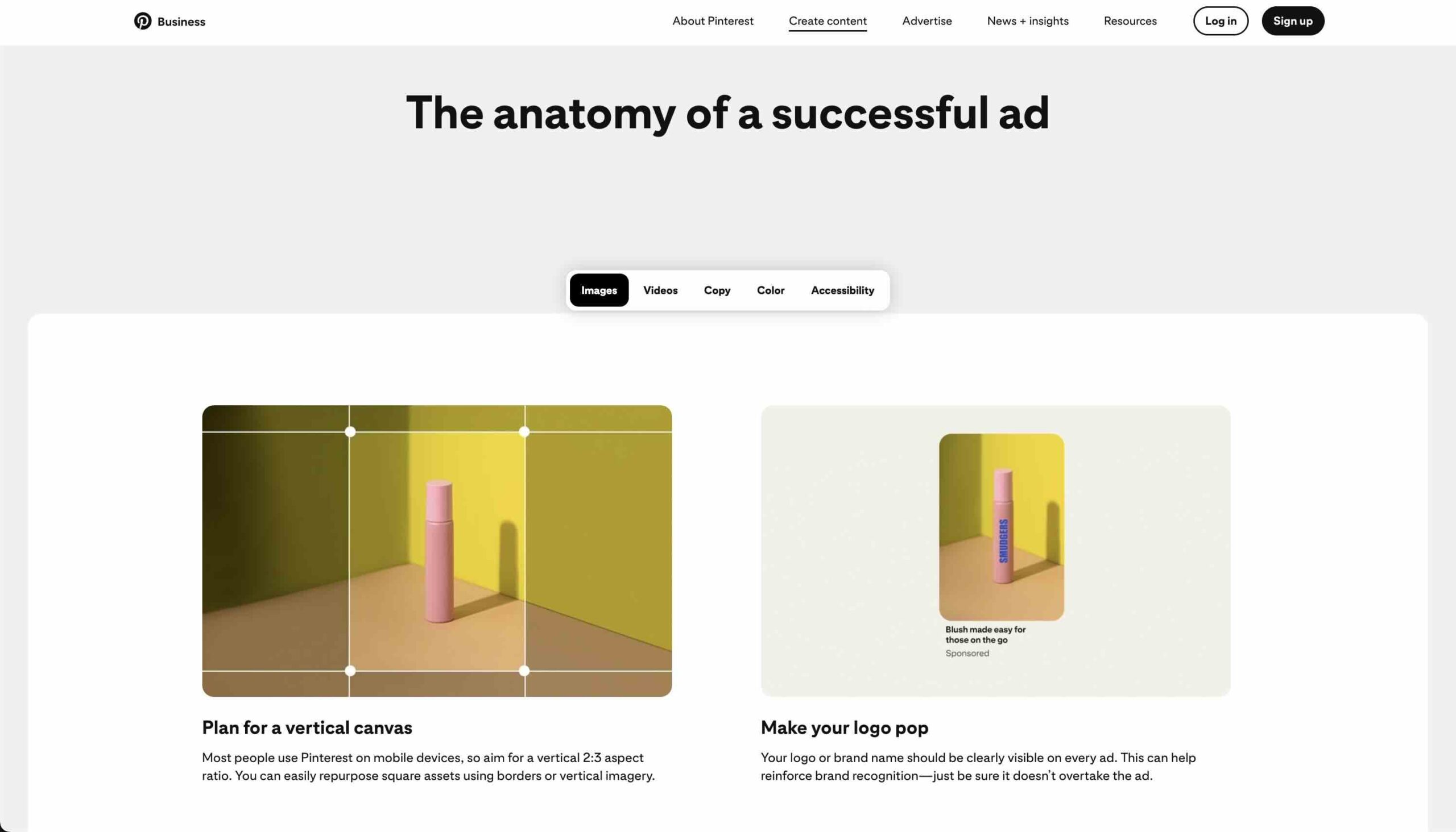 Pinterest Business page illustrating the anatomy of a successful ad, with vertical 2:3 image planning and logo placement