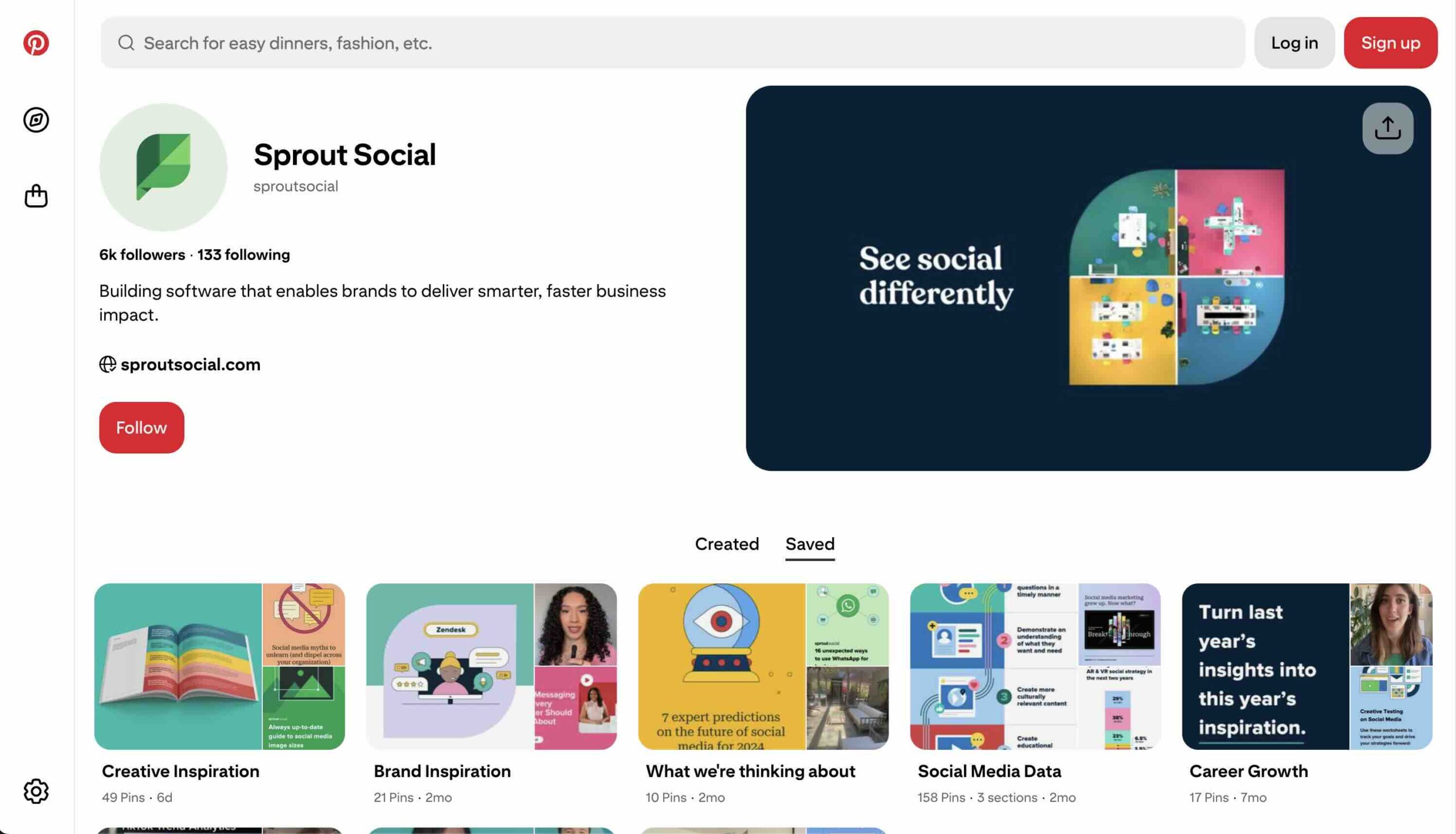 Sprout Social Pinterest profile page showing boards, followers and brand header with “See social differently” graphic