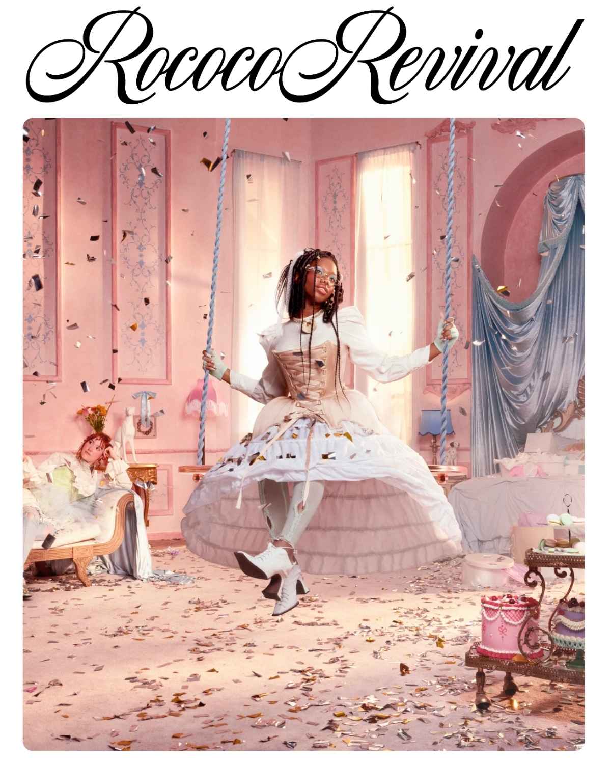 Pinterest Predicts 2025 Report features a “Rococo Revival" image with a woman wearing a hoop skirt swinging in a pink room 