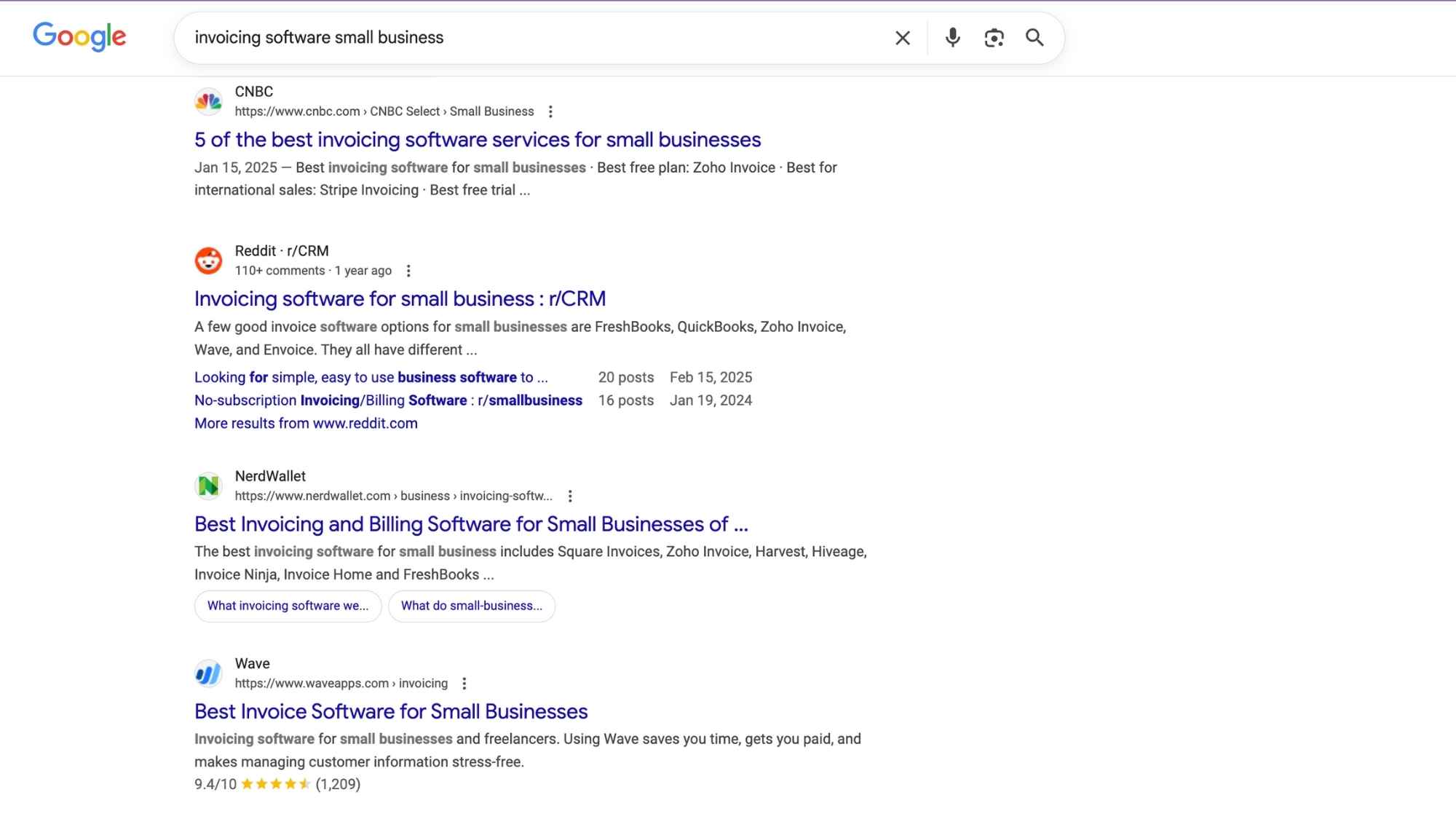 Google SERP showing SEO results for invoicing software small business and B2B SaaS company keywords