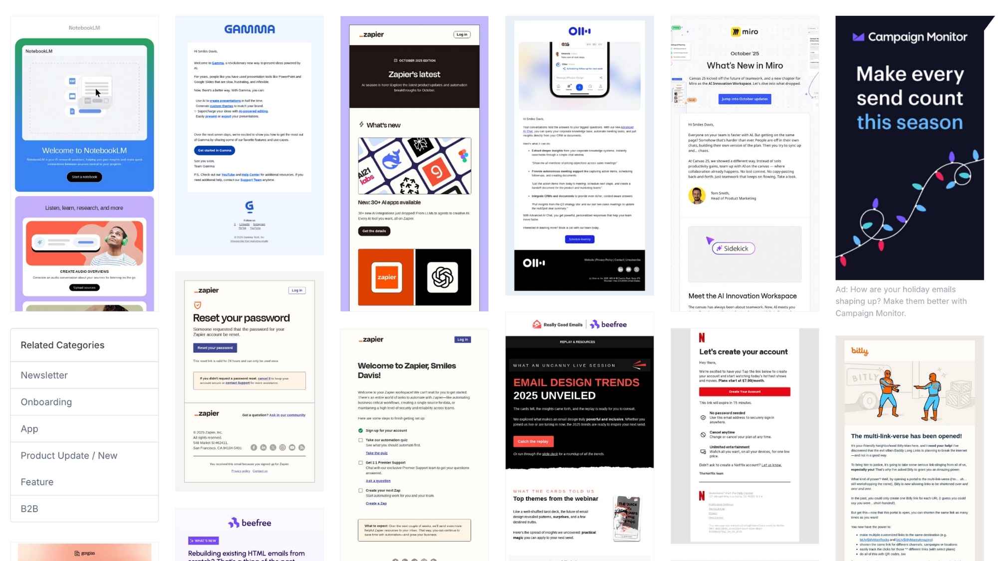 Email marketing strategy examples from SaaS companies like Zapier, Miro and Campaign Monitor