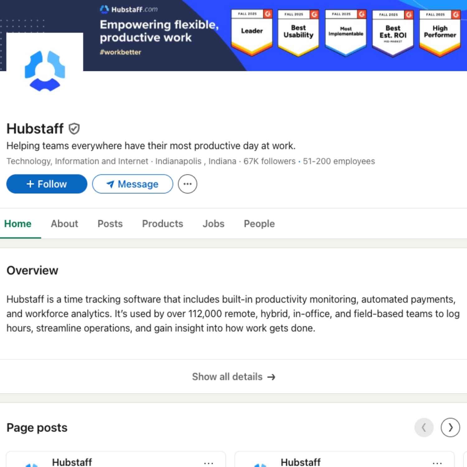 Hubstaff LinkedIn page showing SaaS company awards, branding and B2B social media marketing strategy