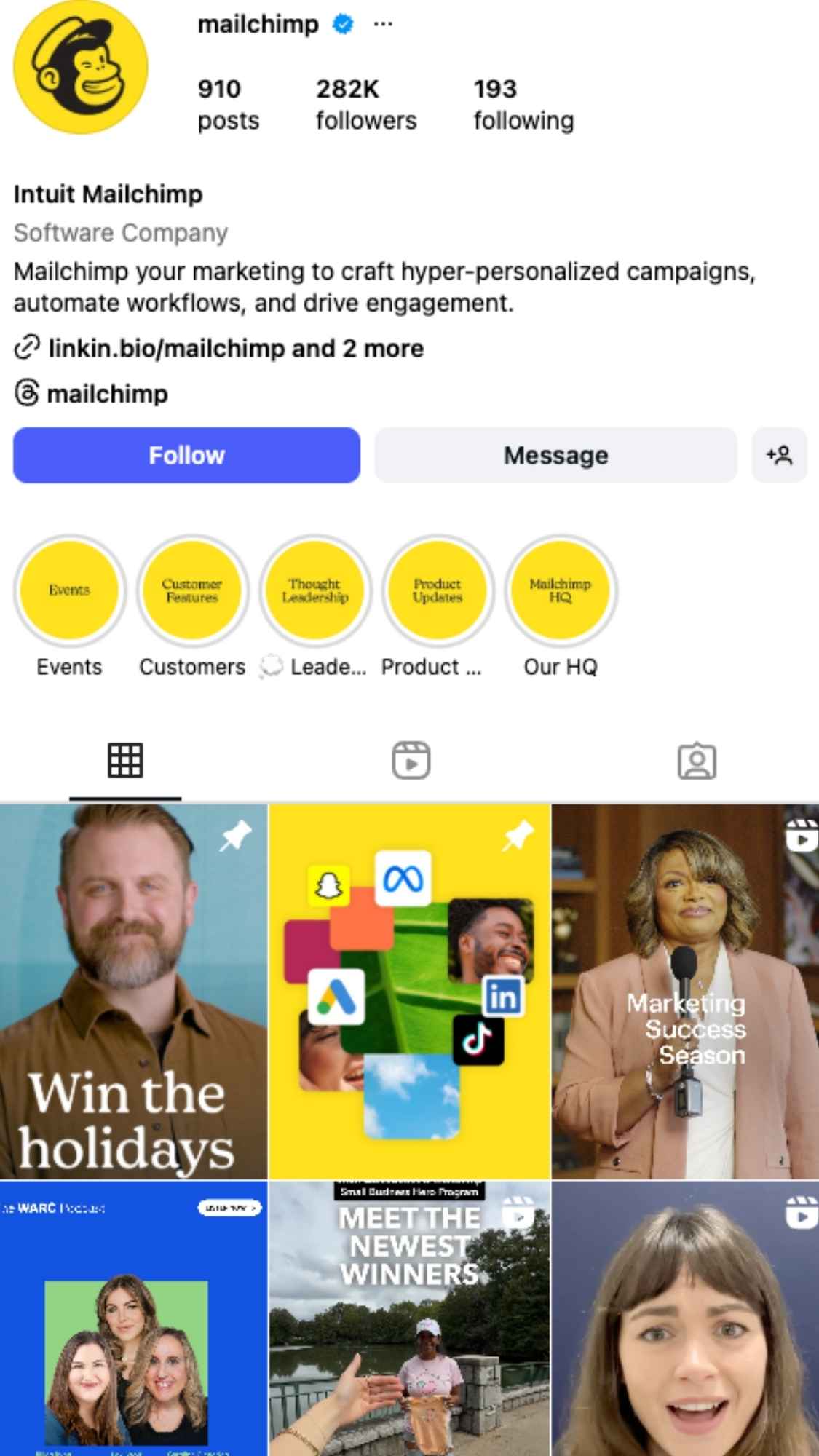 Mailchimp SaaS brand on Instagram showcasing content marketing, tutorials and thought leadership posts