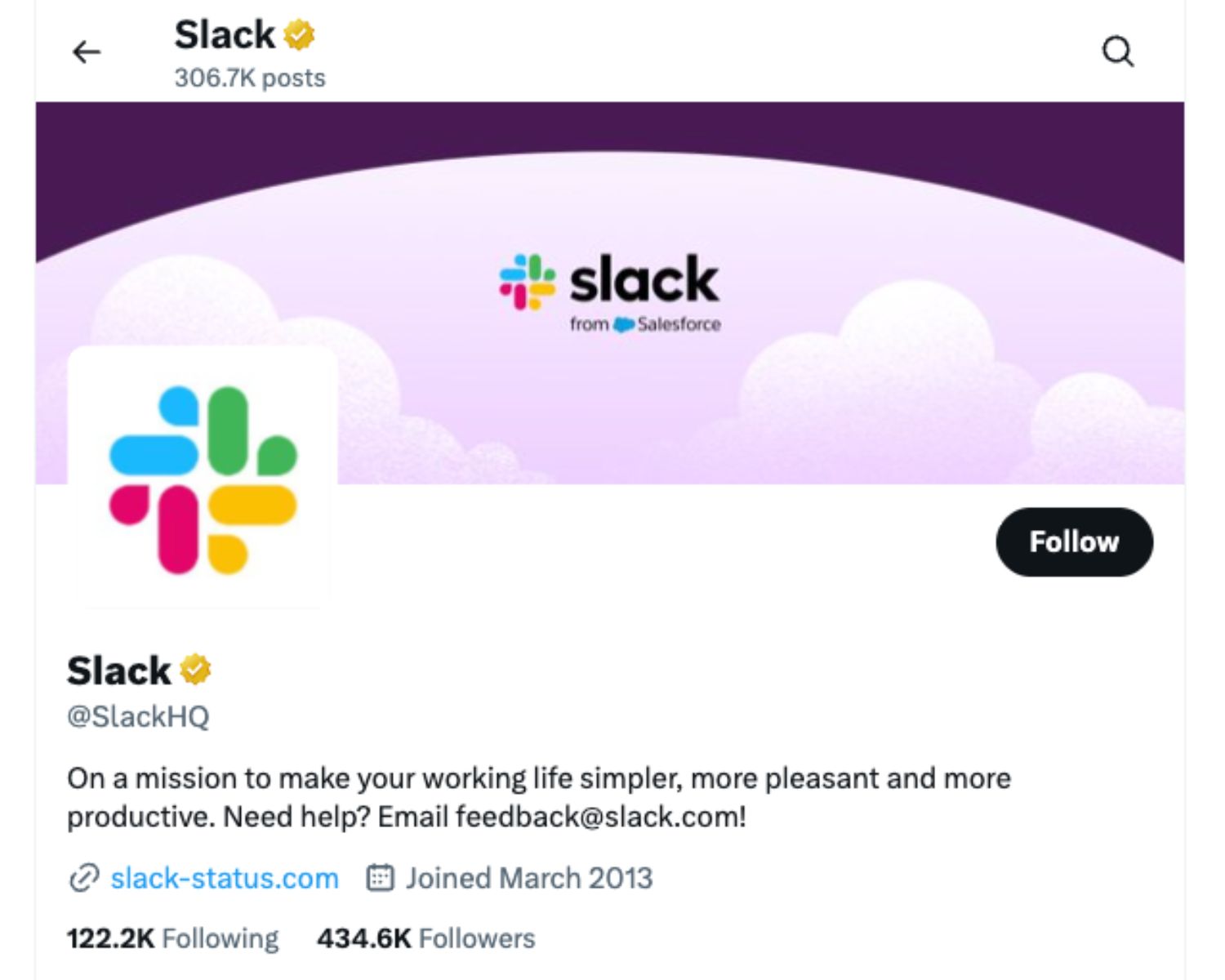 Slack social media profile highlighting brand awareness, engagement rate and SaaS marketing voice