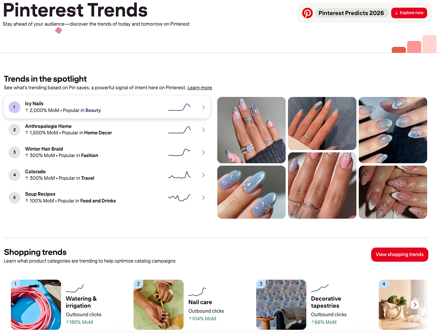 Pinterest Trends page showing top monthly U.S. trends with search bar, trend cards and category previews