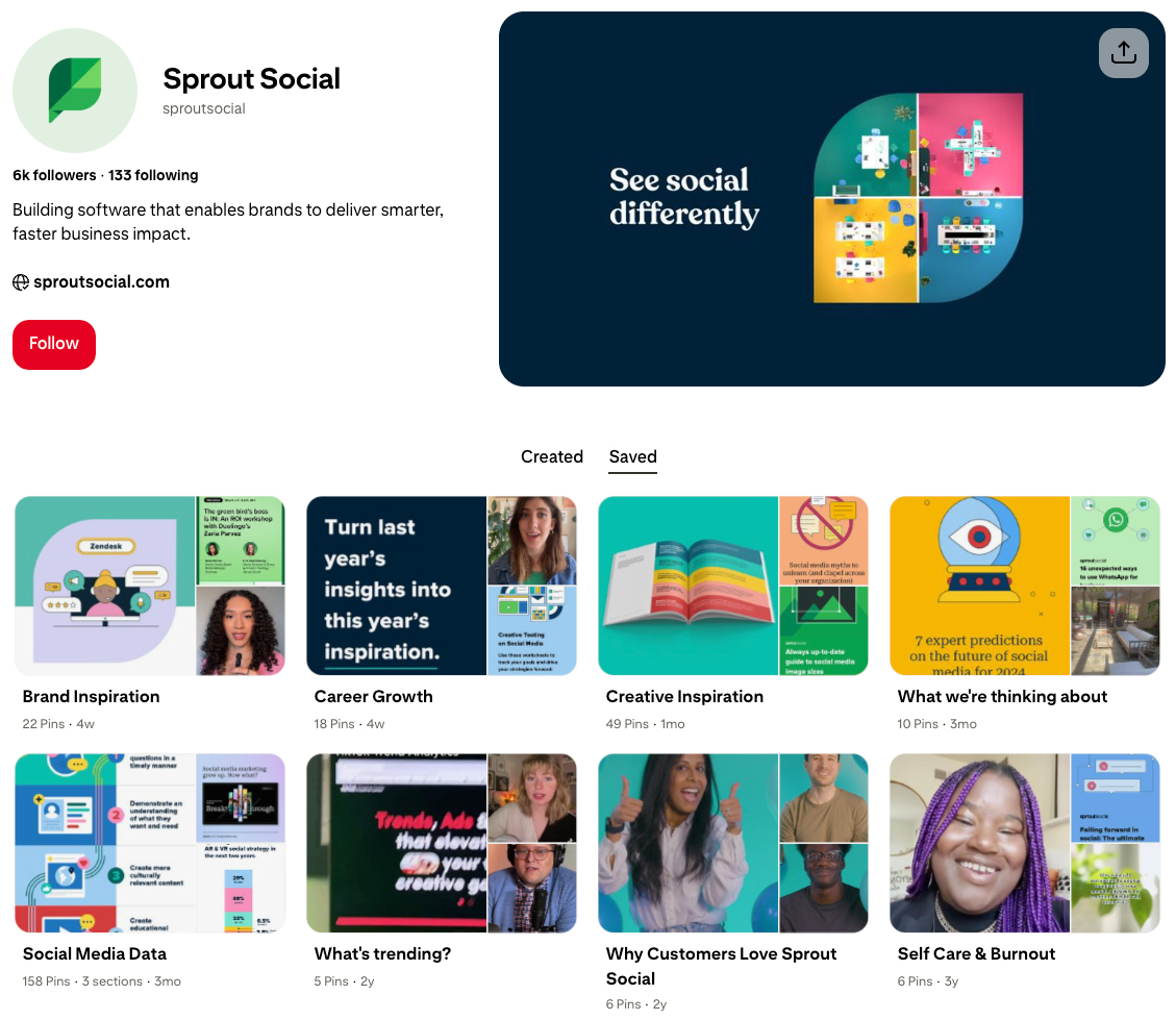 Sprout Social Pinterest profile with created Pins, including videos, graphics and social media tips