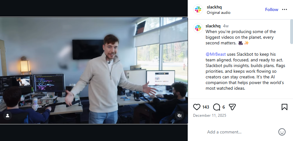 An Instagram post from Slack in partnership with MrBeast, showing how MrBeast uses the tool in his business.