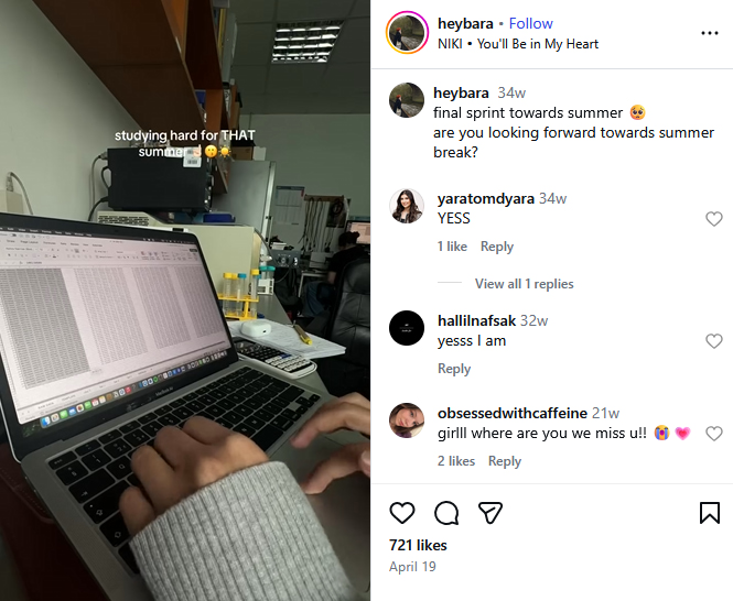@heybara’s Instagram shows her studying on a laptop with a caption about working hard before summer break