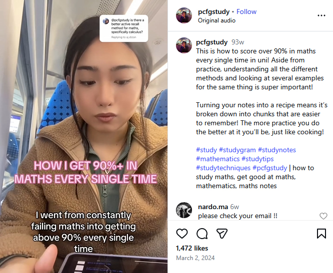 A video still of PCFGstudy sitting on a train with the caption 'how I get 090%+ in maths every single time'