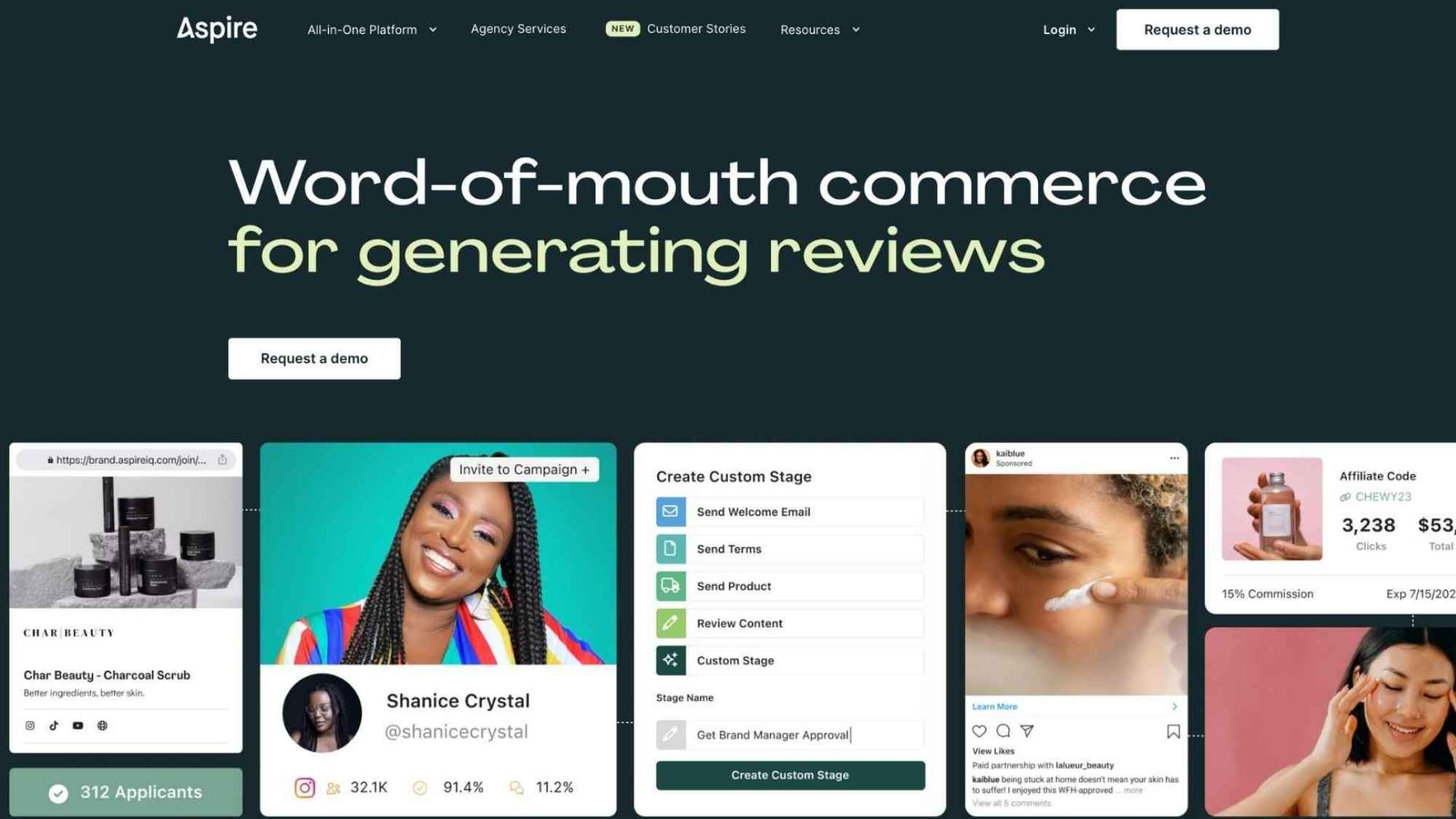Aspire platform homepage featuring word-of-mouth commerce, creator profiles, campaign stages and affiliate performance
