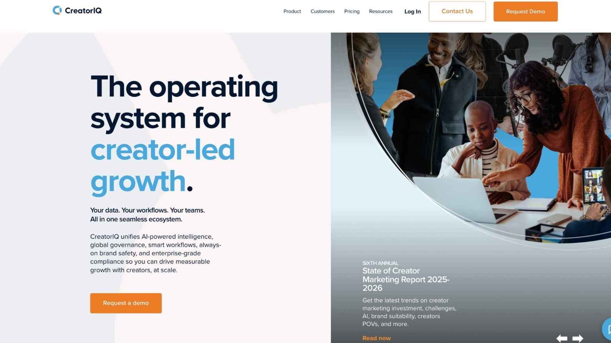 CreatorIQ homepage presenting creator-led growth, enterprise workflows, analytics and compliance-focused tools