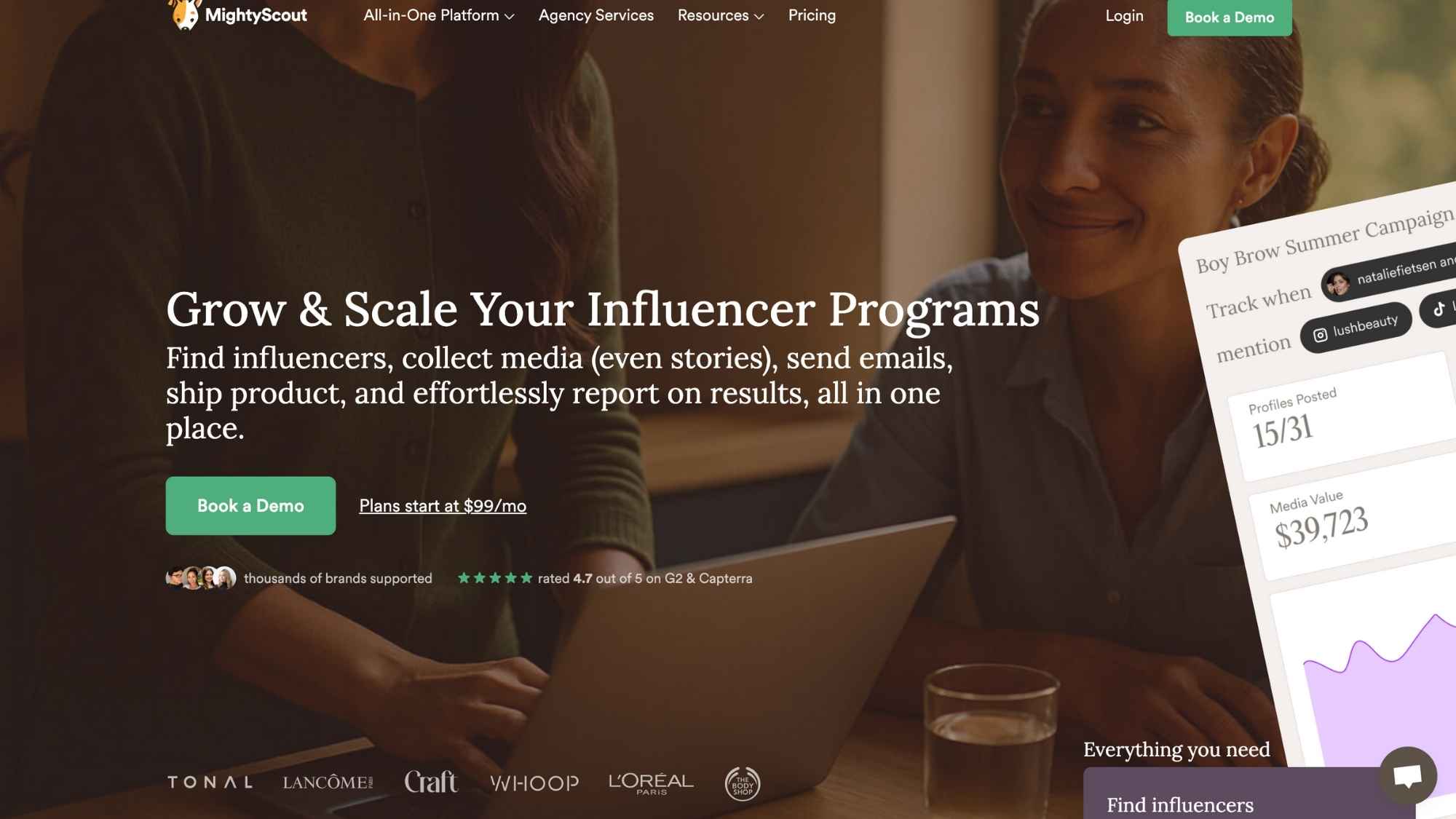 MightyScout homepage showing influencer campaign management, reporting dashboards and demo CTA for brands