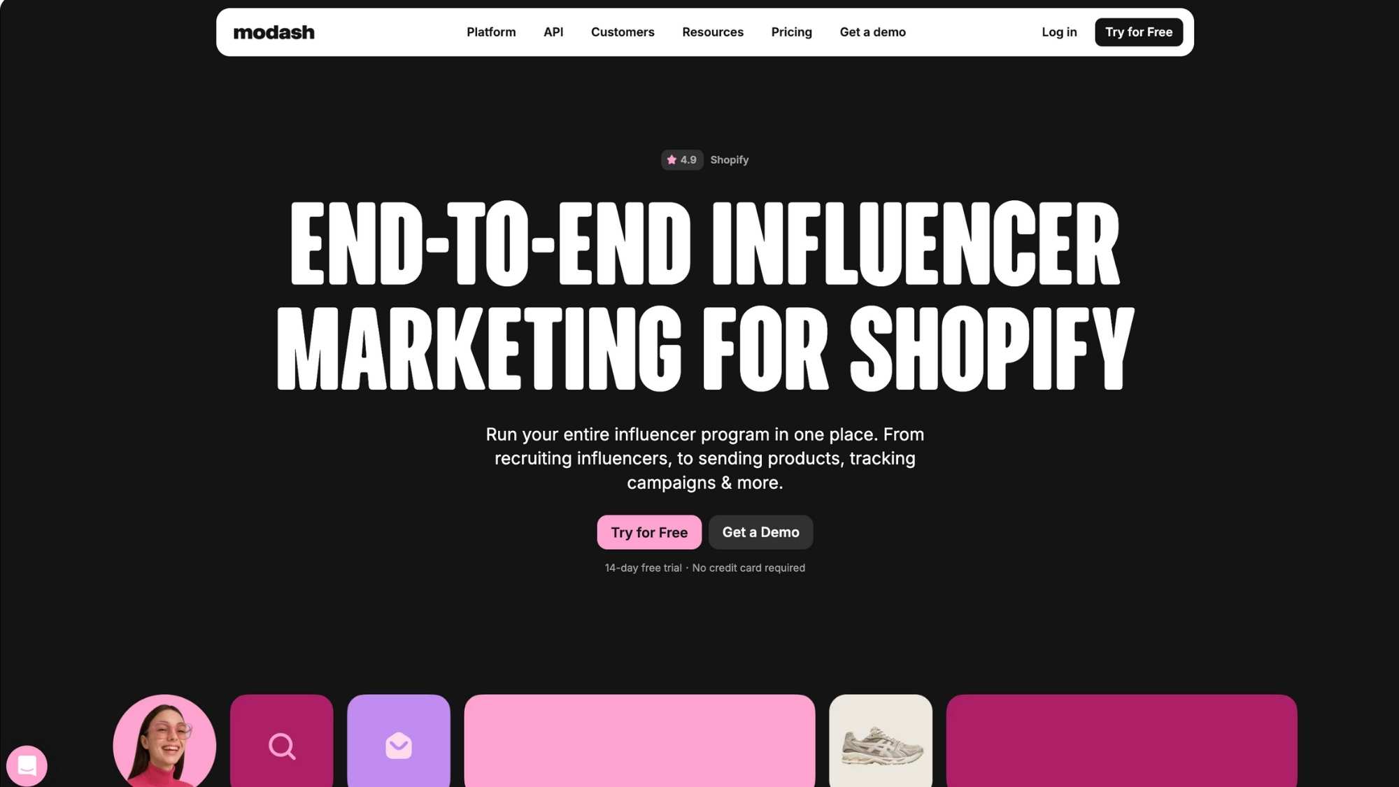 Modash homepage highlighting end-to-end influencer marketing for Shopify with free trial and demo CTAs