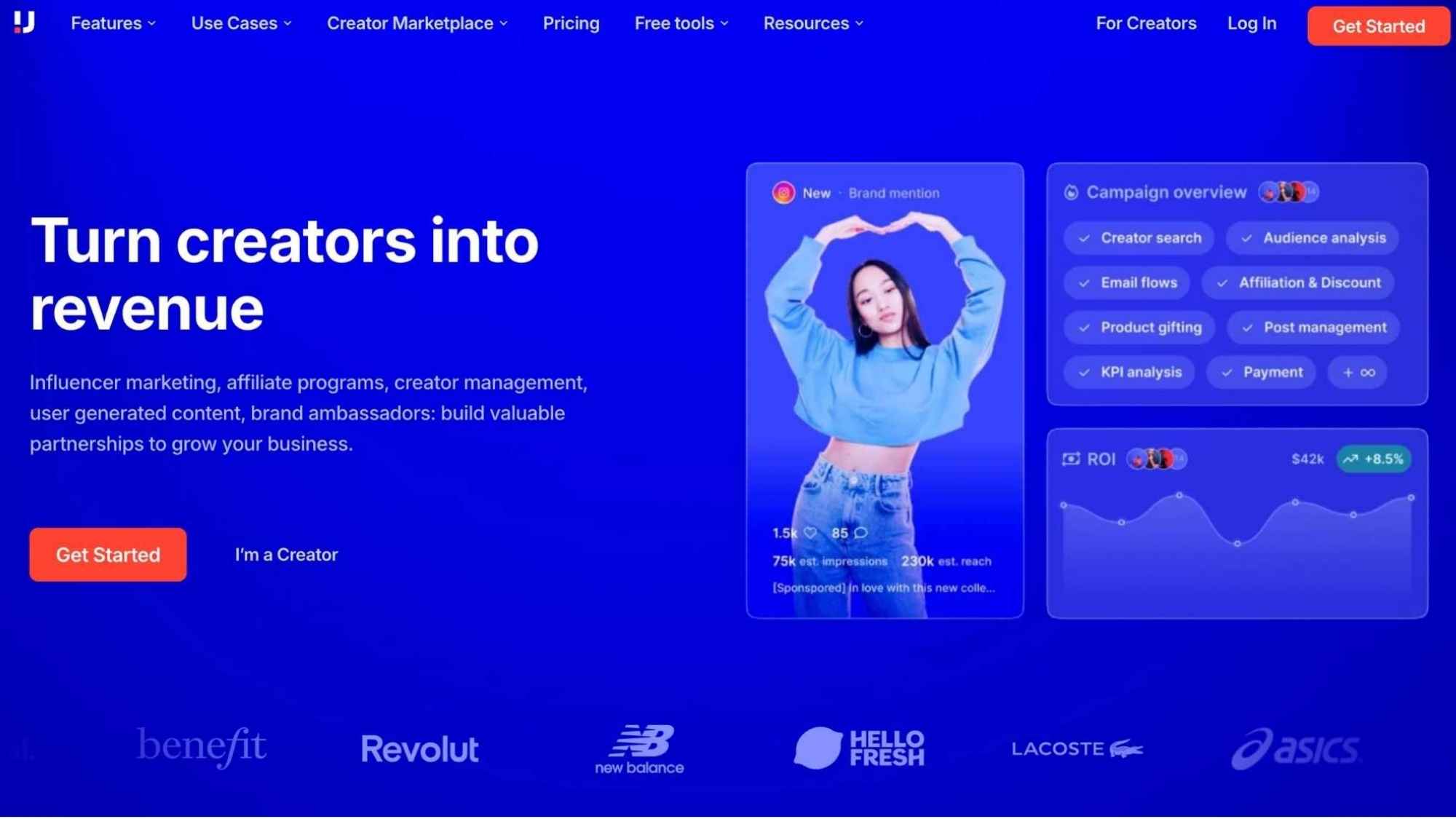 Upfluence homepage showing creator monetization, campaign analytics, influencer search and revenue-focused dashboards