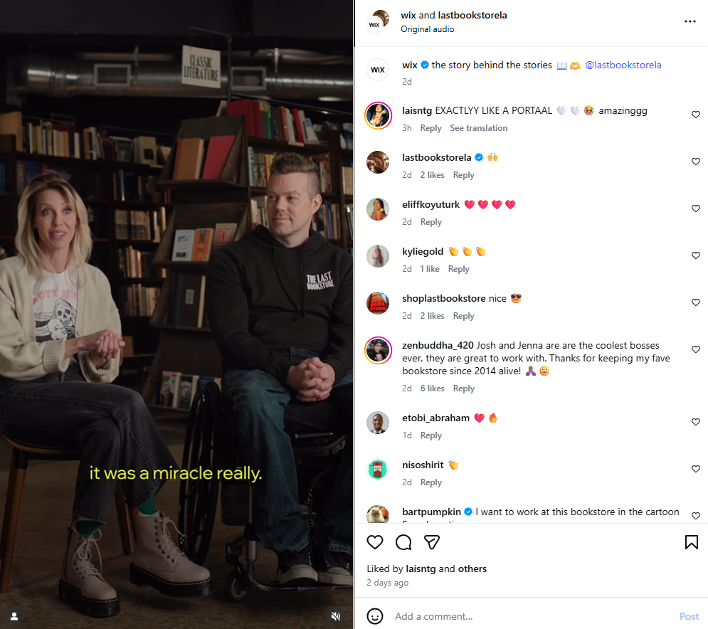 An Instagram post from Wix sharing a customer’s small business story.