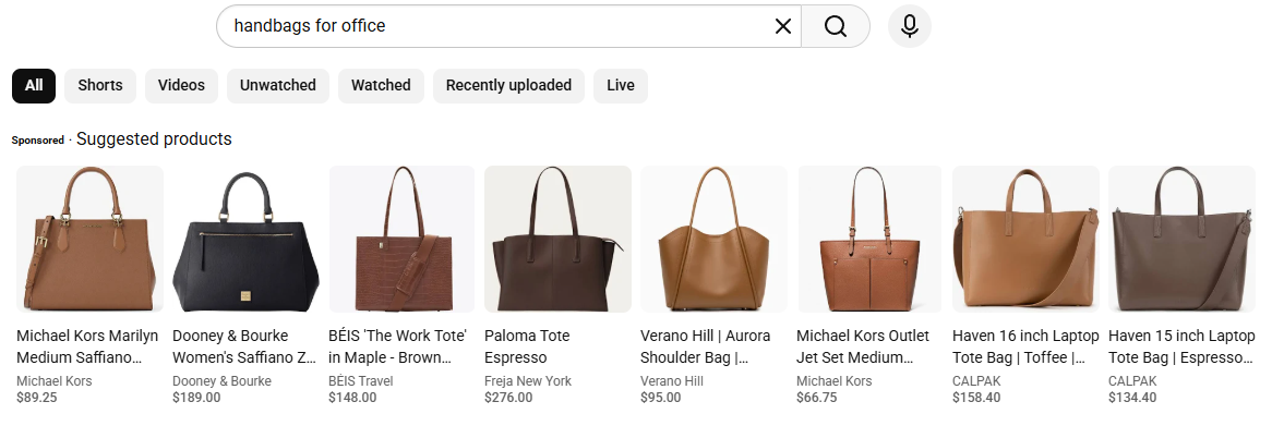 Sponsored products with titles like “Women’s Italian Leather Medium,” and influencers showing handbags