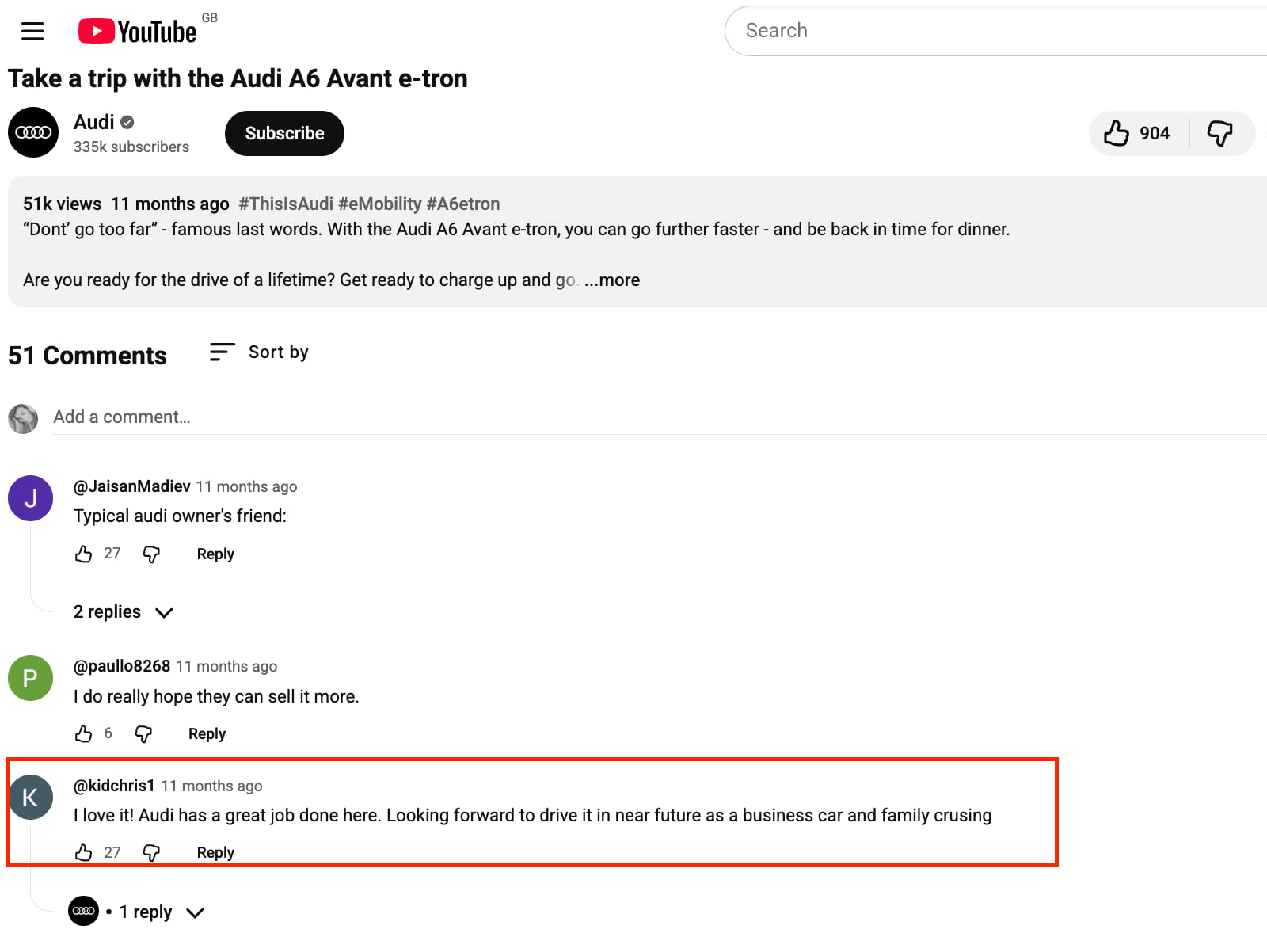 YouTube comment on Audi's video shows buying intent signals