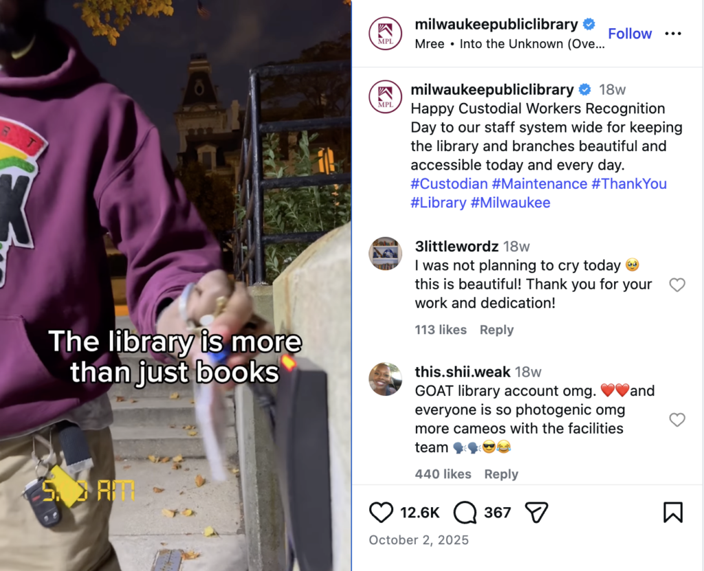 An Instagram Reel from the Milwaukee Public Library that honors Custodial Workers Day by showing a day in the life of their custodial staff