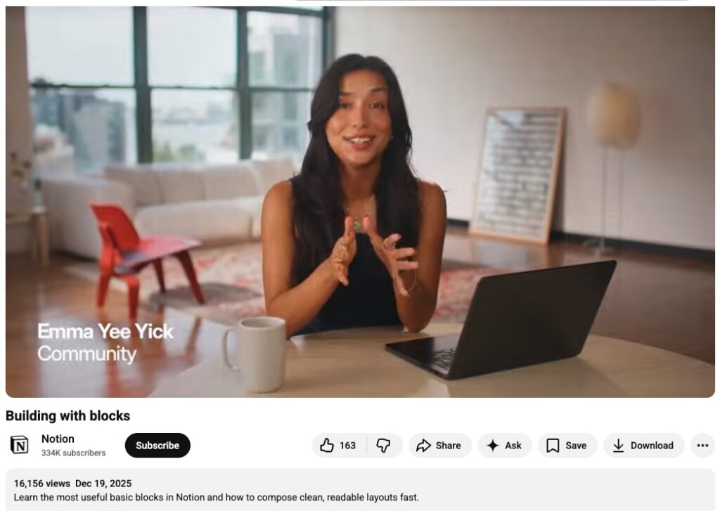A Notion tutorial video on YouTube about building with blocks featuring Notion’s Global Community Lead.