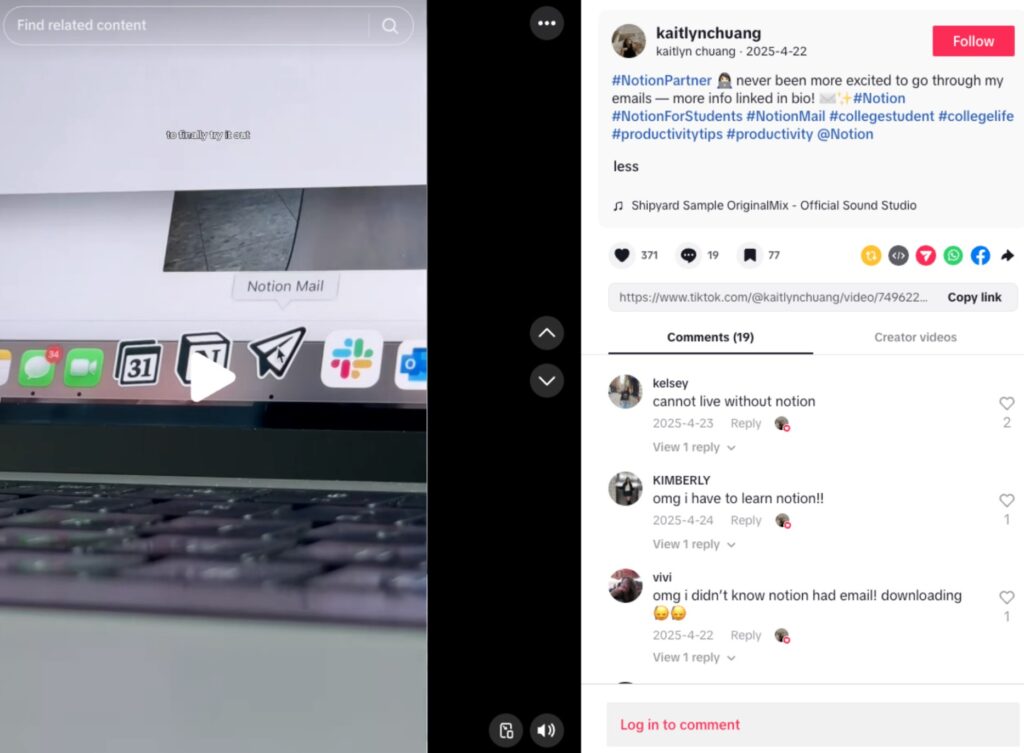 A paid TikTok post by Kaitlyn Chuang in partnership with Notion promoting Notion Mail.
