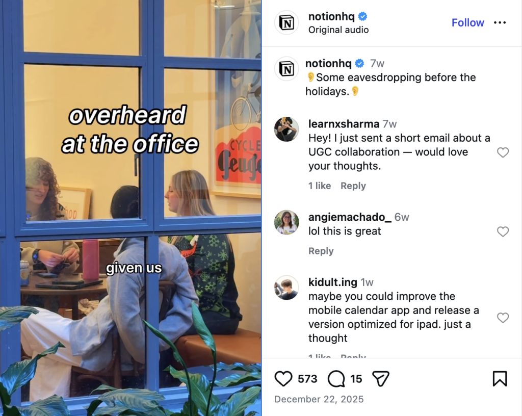 An Instagram Reel of the Notion team being recorded for hidden camera moments