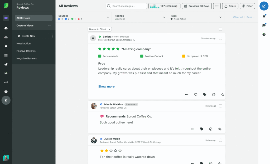 Sprout Social dashboard for reviews across platforms