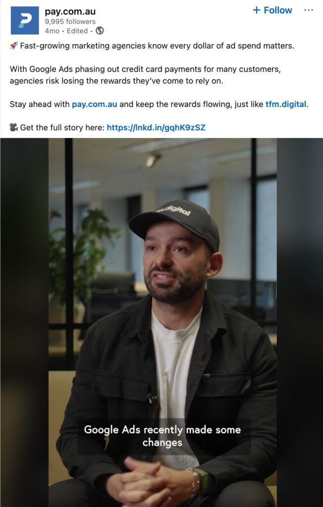 A LinkedIn post from Pay.com.au featuring a customer explaining why they now use Pay.com.au to pay for Google Ads.