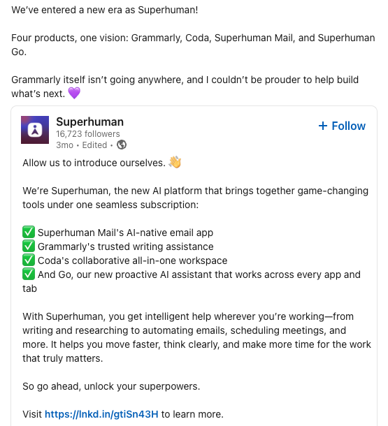 Superhuman acquisition announcement from an employee on LinkedIn