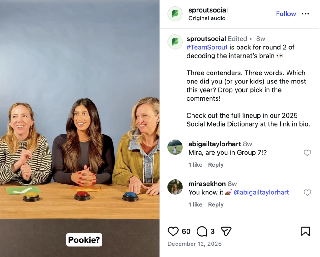 An Instagram Reel from Sprout Social featuring our employees playing in a social media slang game show 