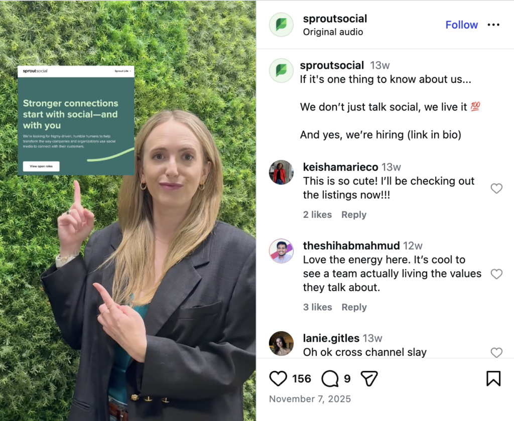 An Instagram Reel from employees at the Sprout office that highlights our careers page