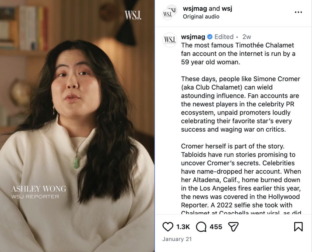 An Instagram Reel of Wall Street Journal reporter Ashley Wong deep-diving Club Chalamet