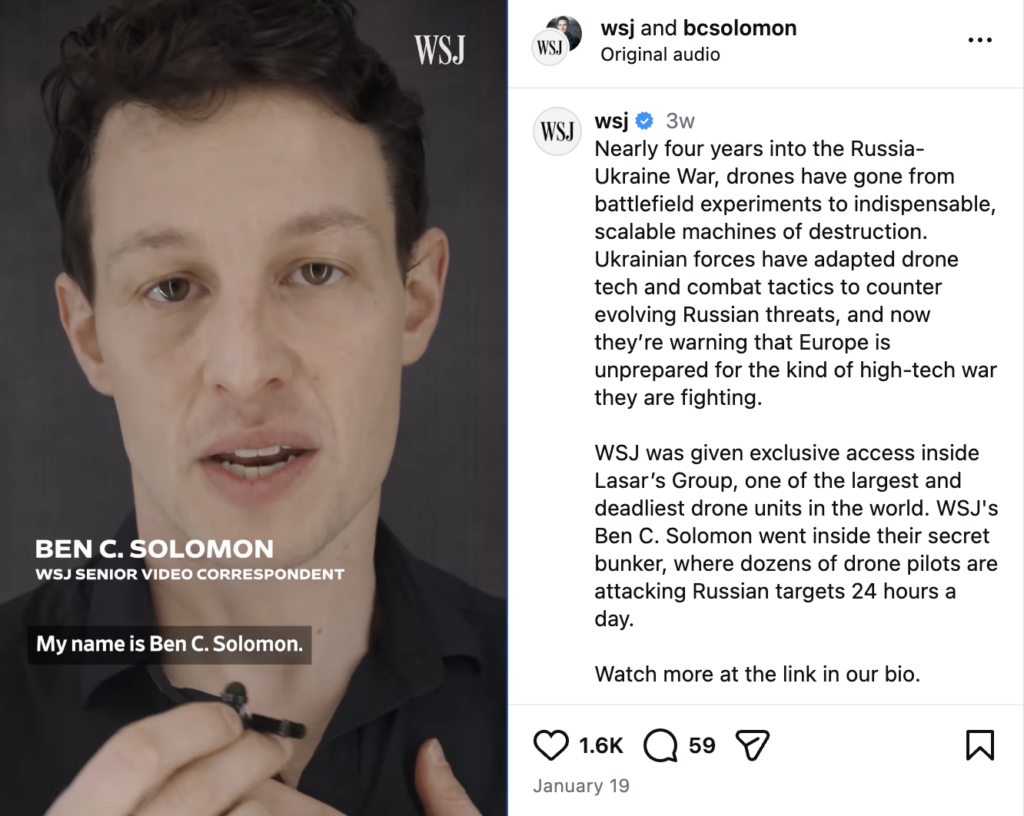 An Instagram Reel of Wall Street Journal reporter Ben Solomon explaining drone use in the Russia-Ukraine war