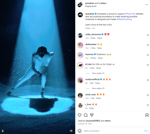 An Instagram post from Autodesk spotlighting its support of Team USA at the 2026 Olympics.