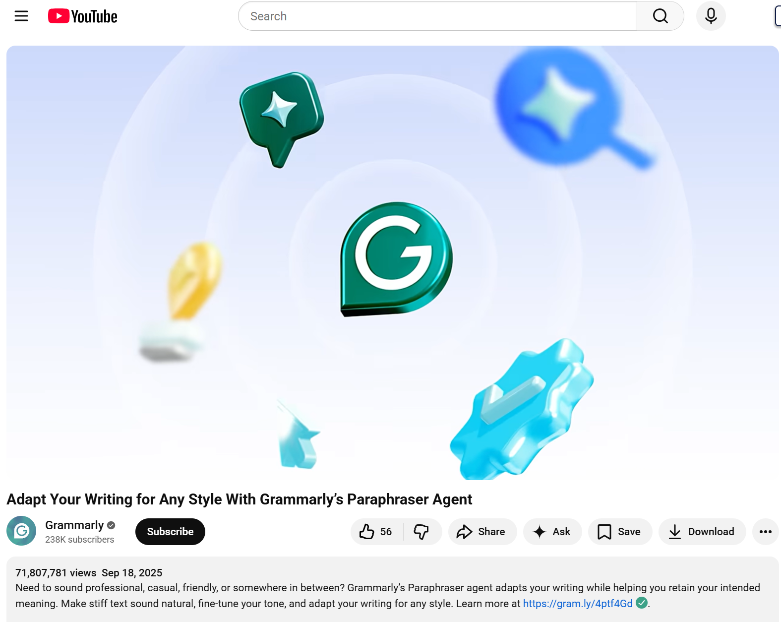 A YouTube video from Grammarly with an eye-catching title about its Paraphraser Agent.