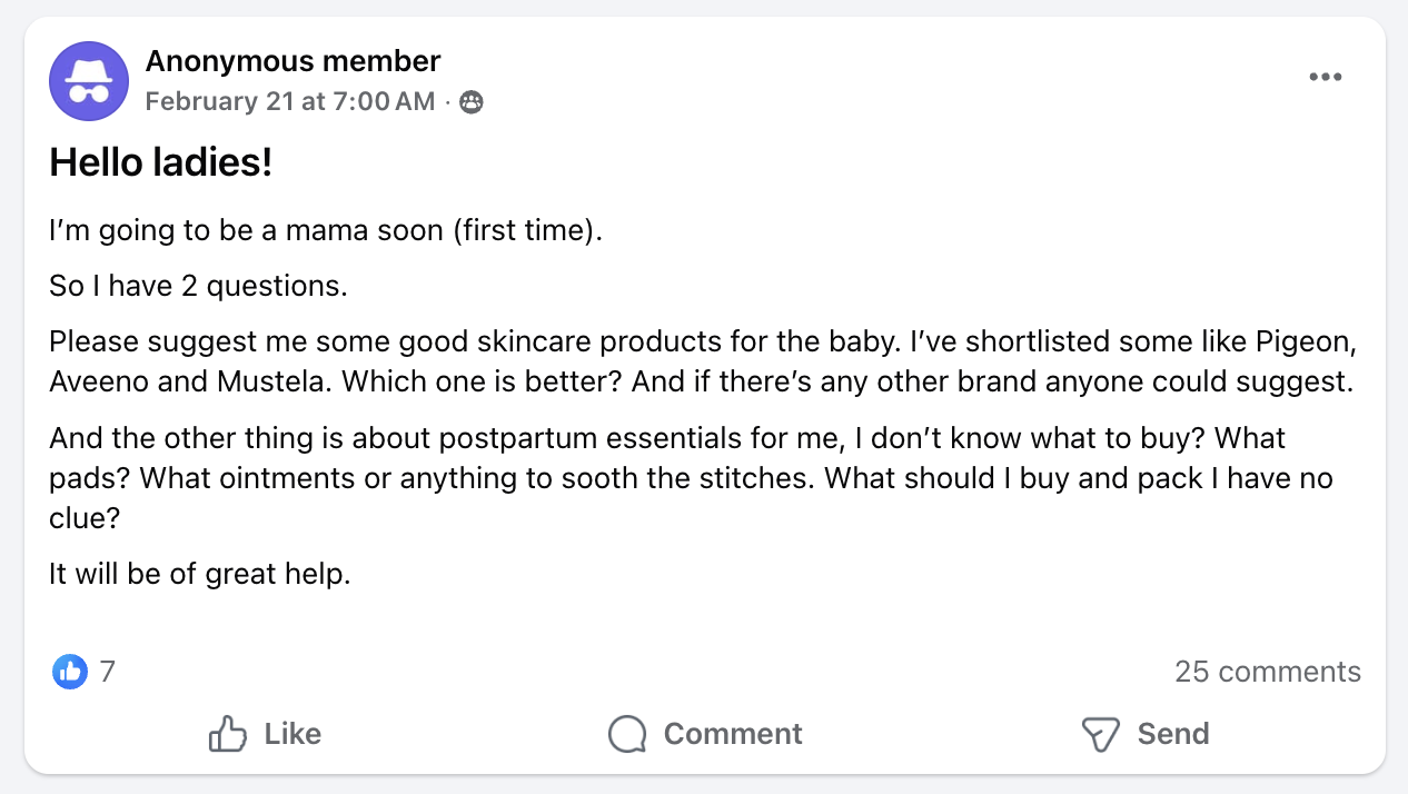An anonymous post in a private Facebook group asking for post-birth product recommendations.