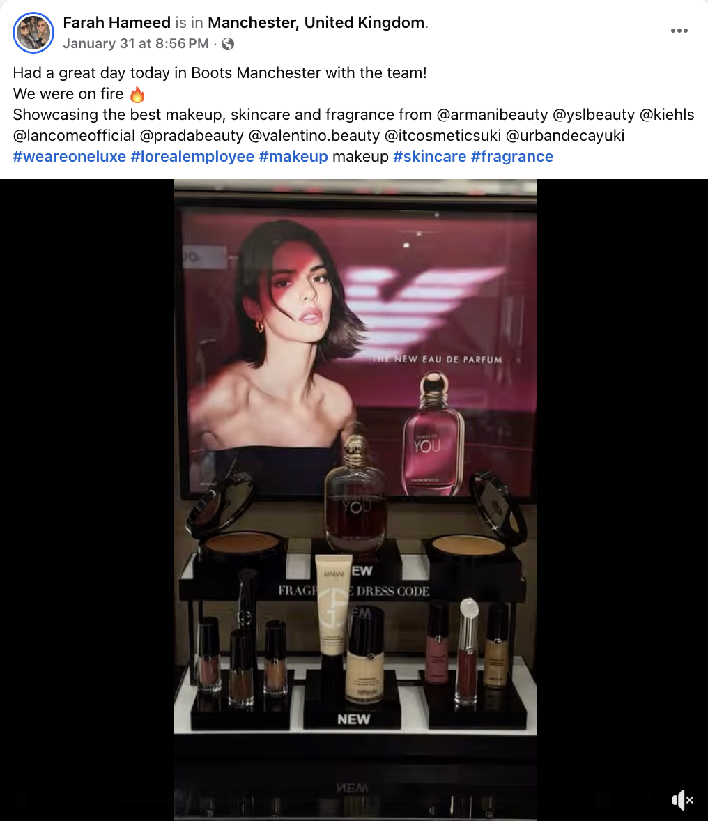 A L'Oreal employee sharing a behind-the-scenes post about a company event.