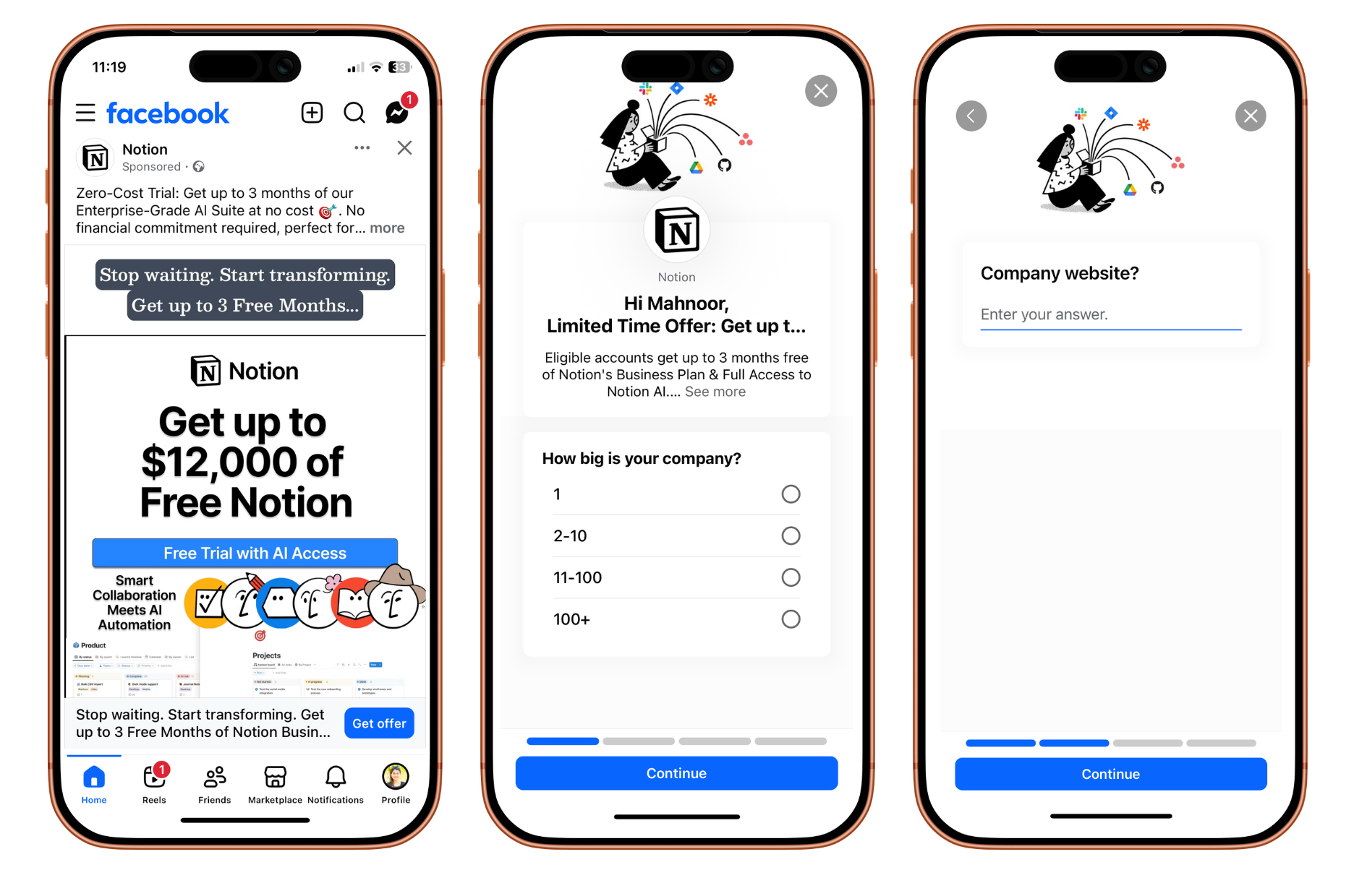 A lead gen Facebook ad from Notion that lets users fill out a form with company details without leaving the app.