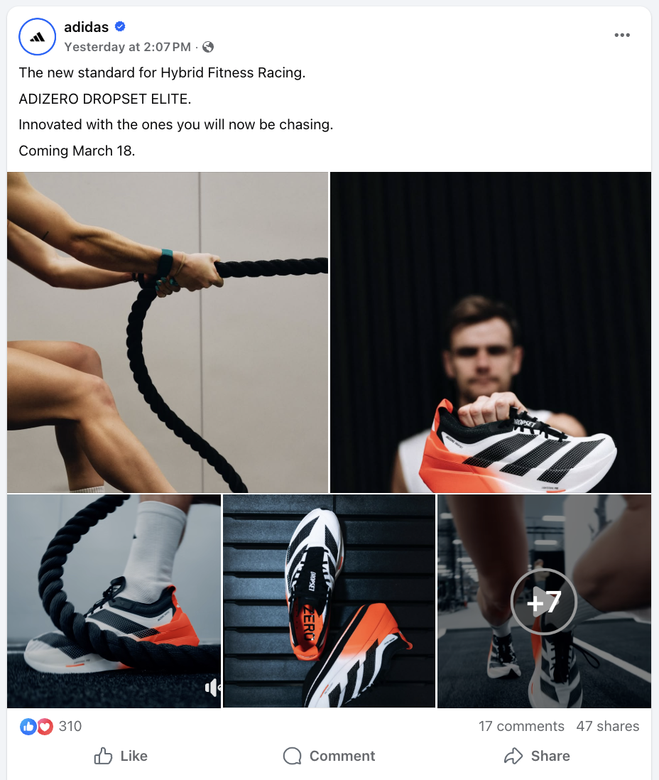 A carousel post from Adidas showing a mix of product shots and videos showing the shoes in action.