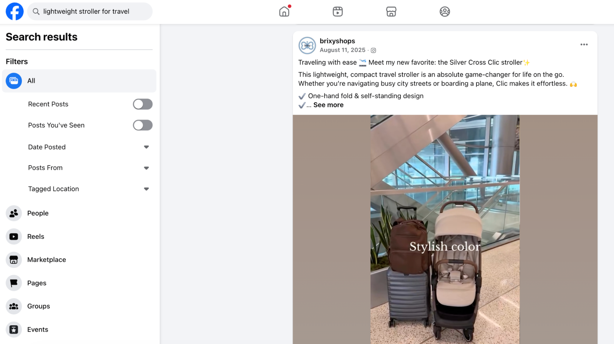 Search results on Facebook for "lightweight stroller for travel" showing a post with relevant keywords in the caption and on-screen text.