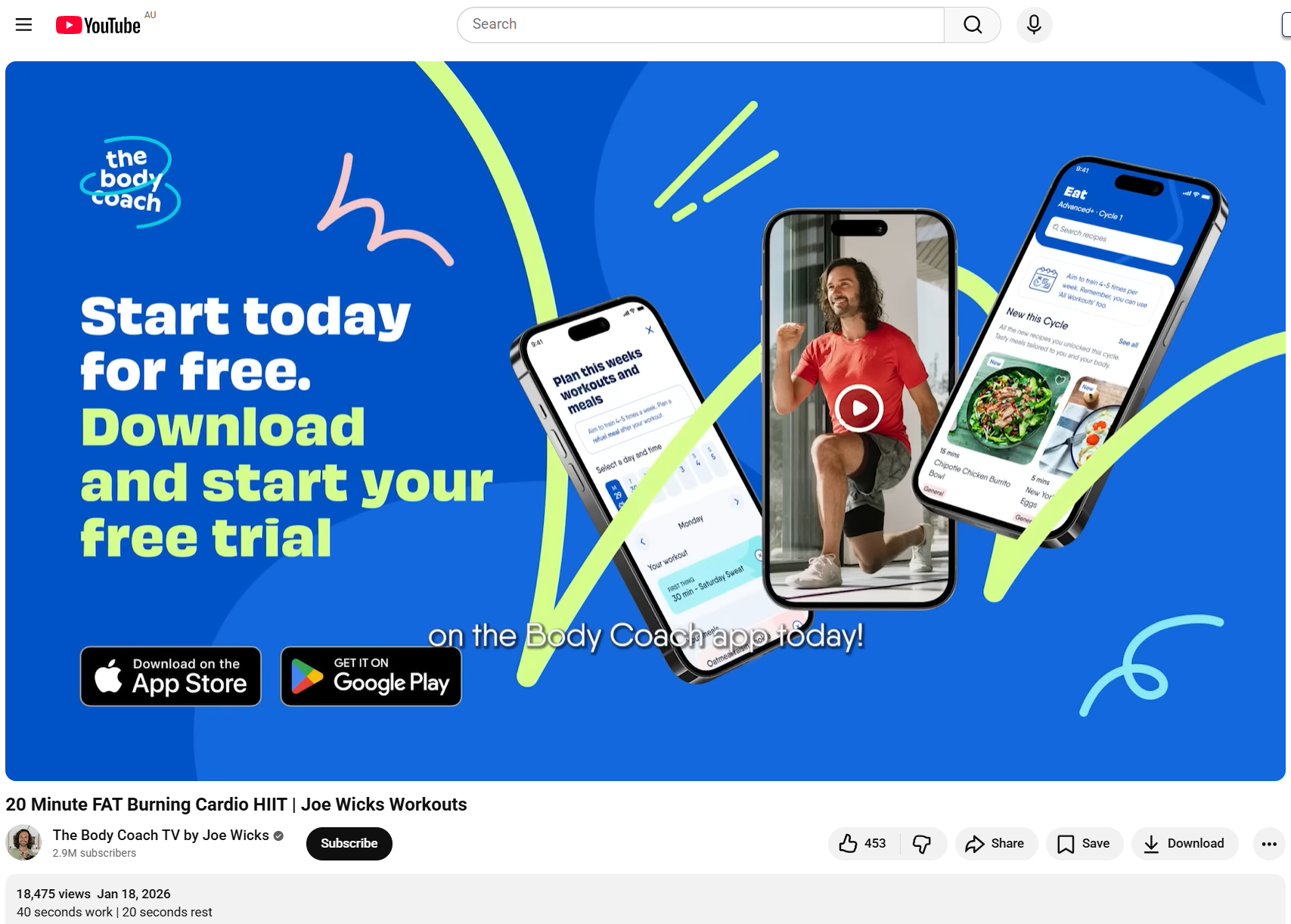 A YouTube video from The Body Coach, Joe Wicks, which promotes his health and fitness app.