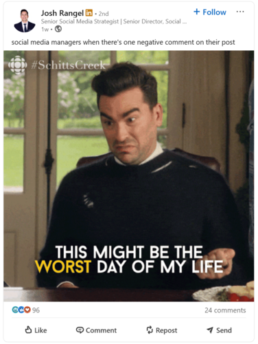 A LinkedIn post from Josh Rangel sharing a funny meme for social media managers.