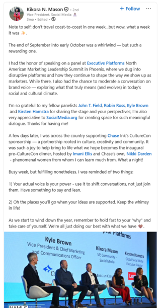 A LinkedIn post from Kikora Mason highlighting a leadership panel she participated in.
