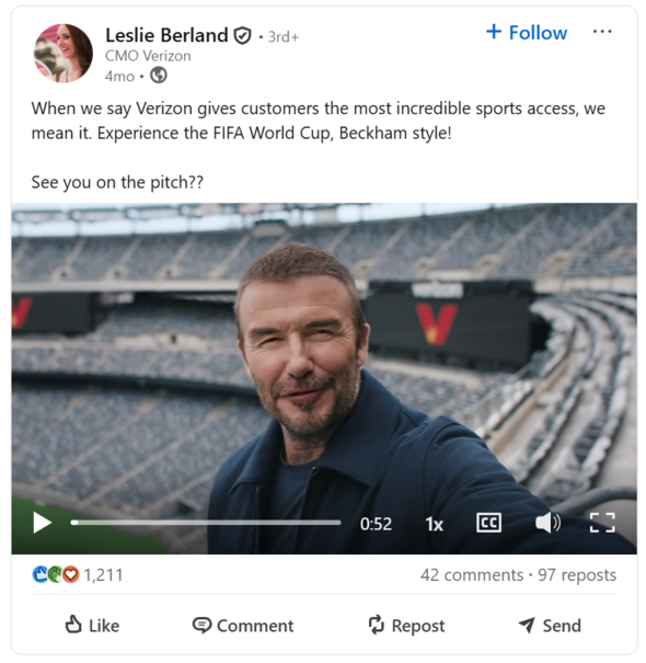 A LinkedIn post from Leslie Berland, CMO of Verizon, featuring David Beckham.