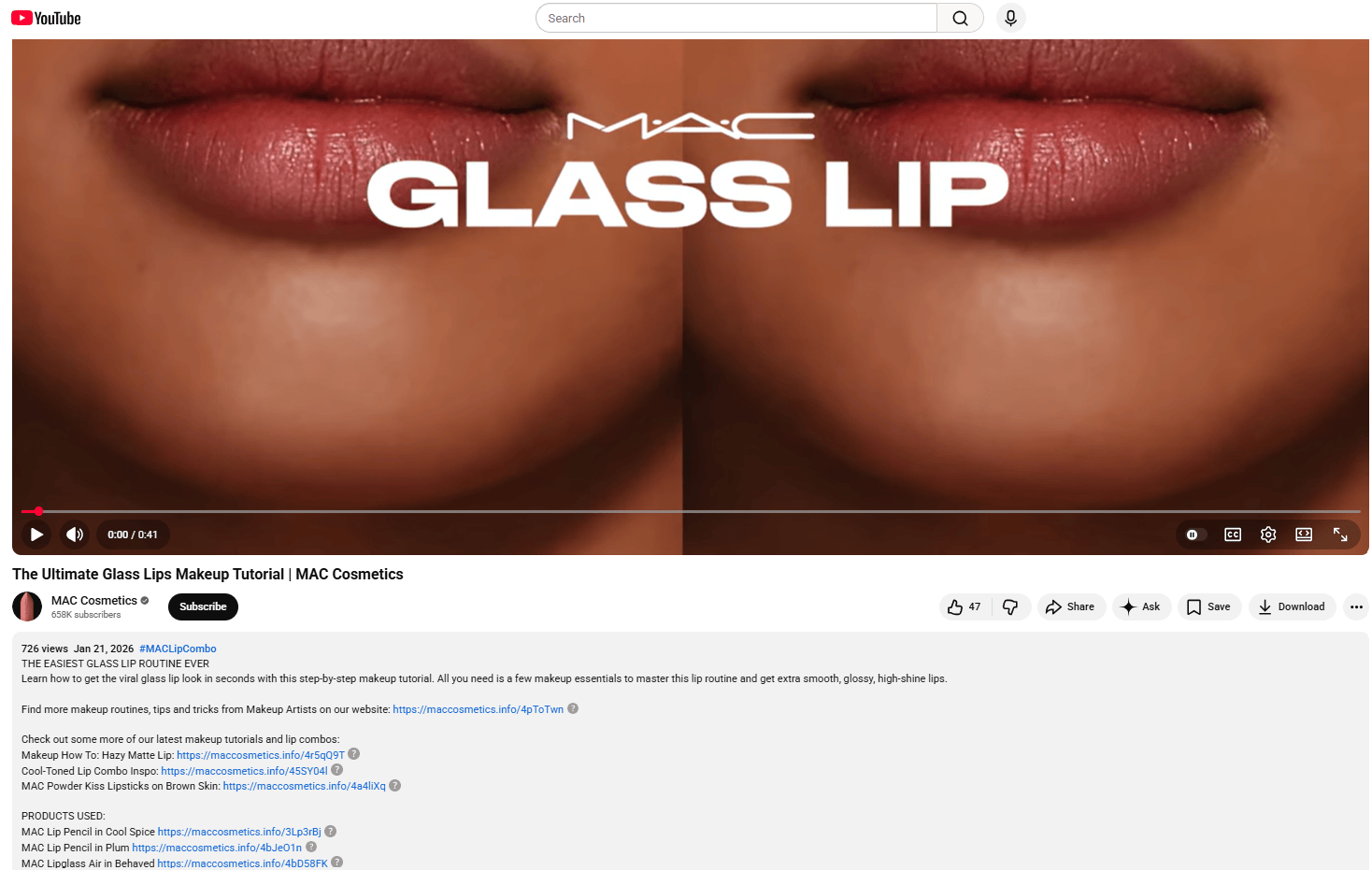 A YouTube video from MAC Cosmetics, which features product links