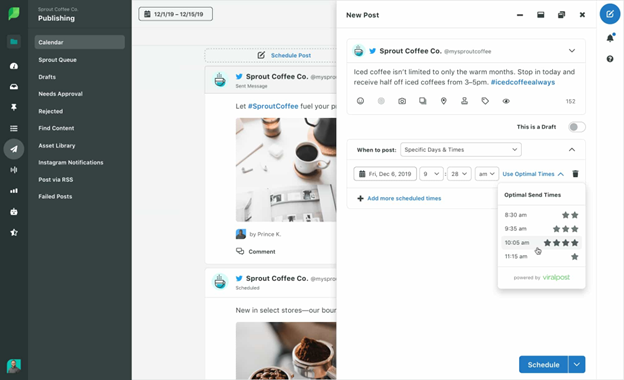 A panel for Sprout Coffee Co’s new post featuring suggestions for optimal send times