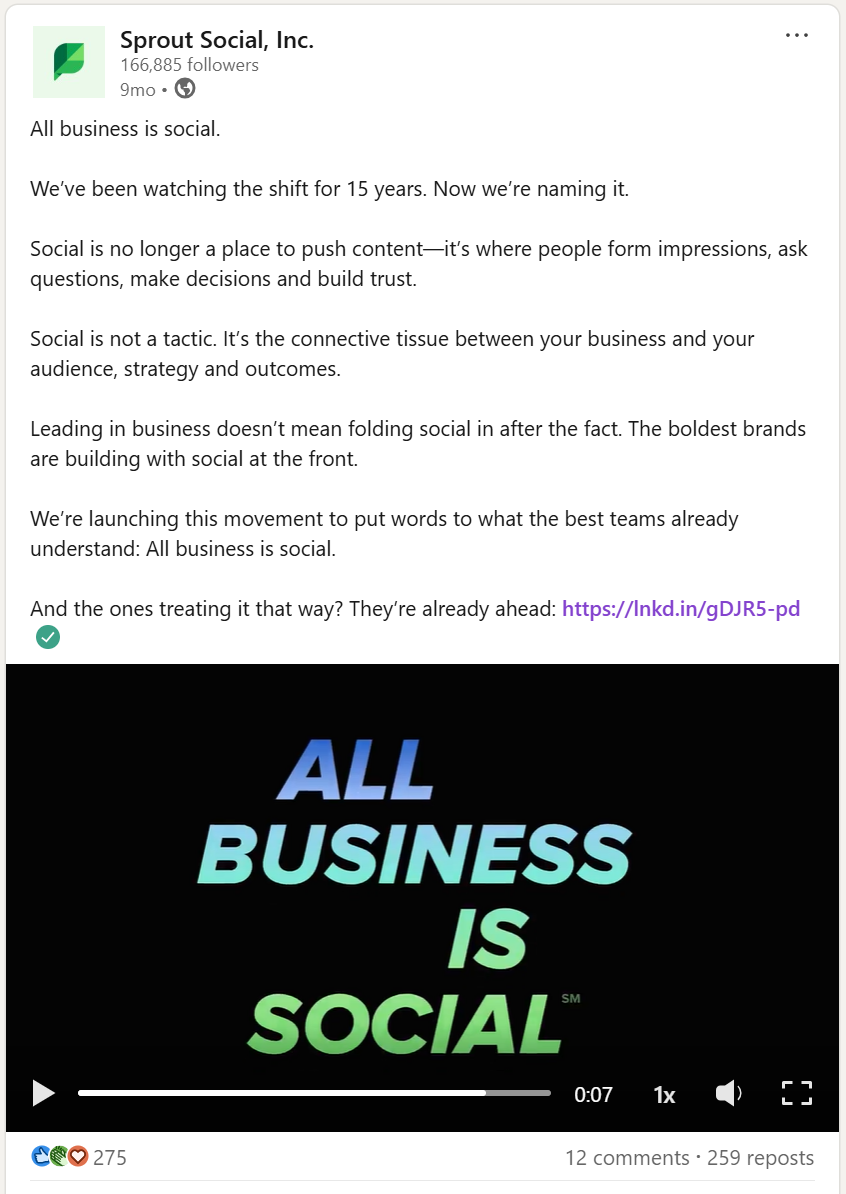 A LinkedIn post from Sprout Social promoting its All Business is Social campaign.