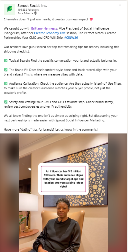 A LinkedIn post from Sprout Social featuring top tips from Brittany Hennessy, VP of Social Intelligence Evangelism.