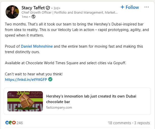 A LinkedIn post from Stacy Taffet promoting Hershey’s limited-time Dubai chocolate bar.